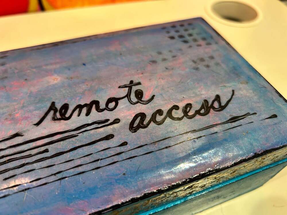 Hand Painted Blue and Purple Wooden Keepsake Box with Remote Access Calligraphy